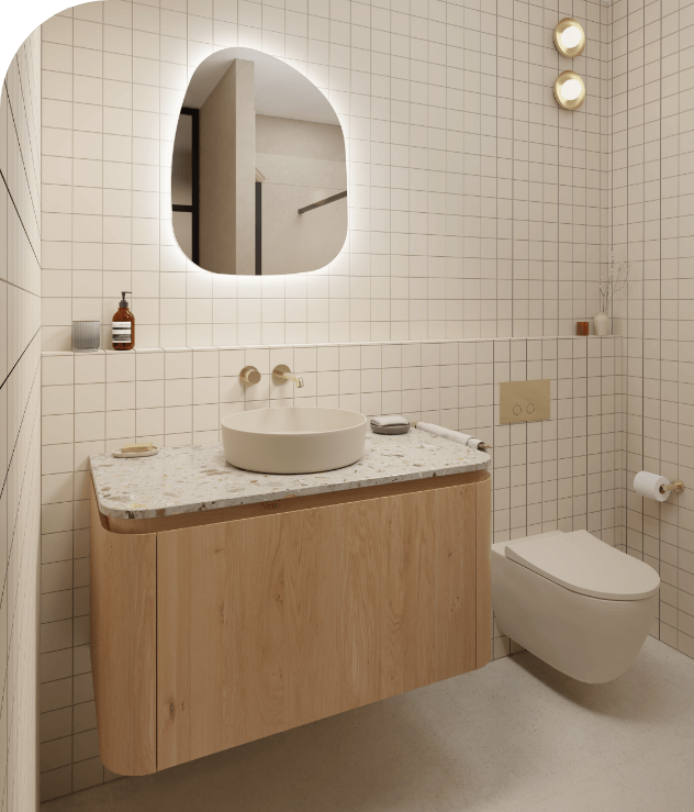 Houten badkamermeubel met ronde waskom, terrazzo blad en organische spiegel met sfeerverlichting.